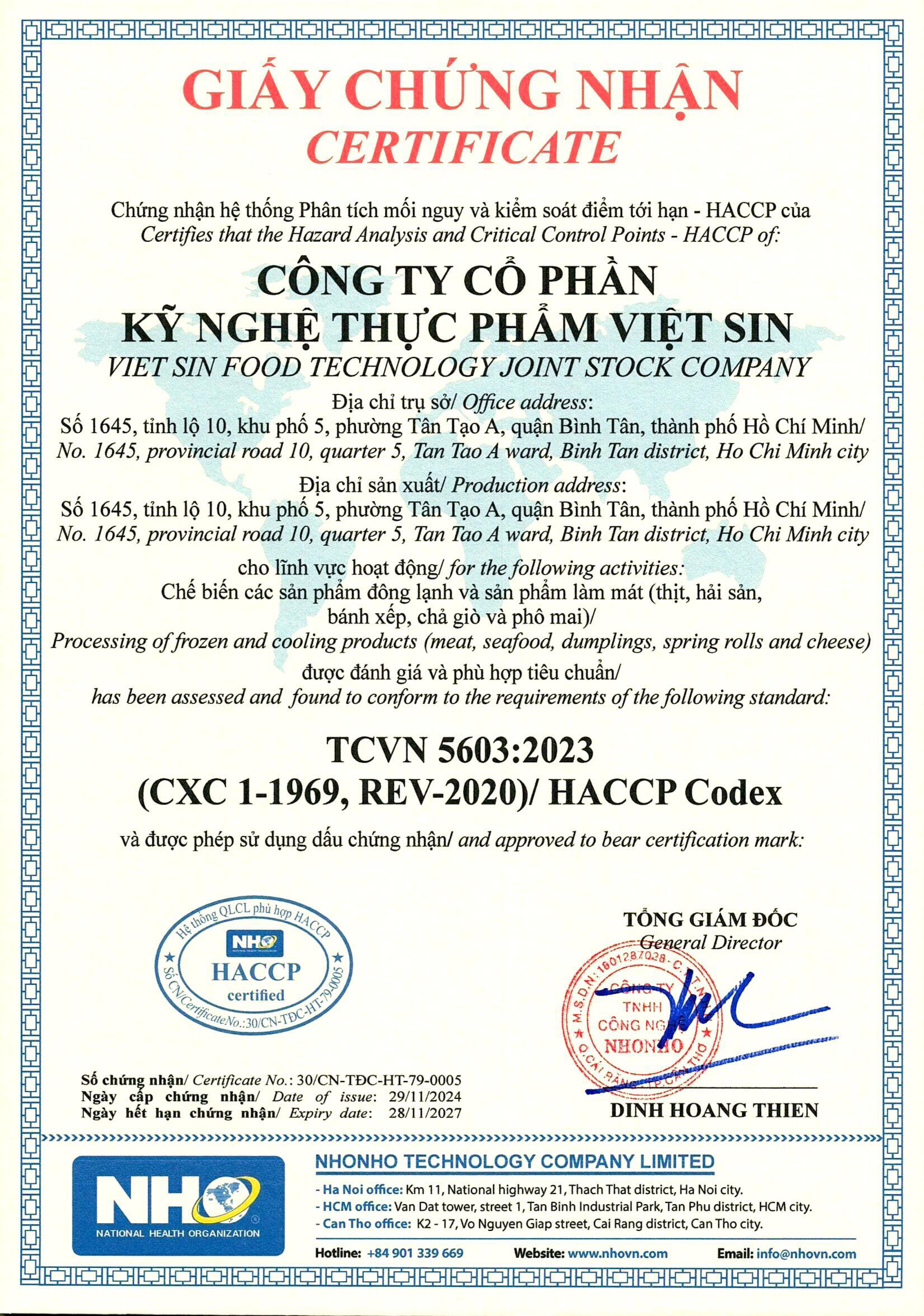 Giấy chứng nhận HACCP