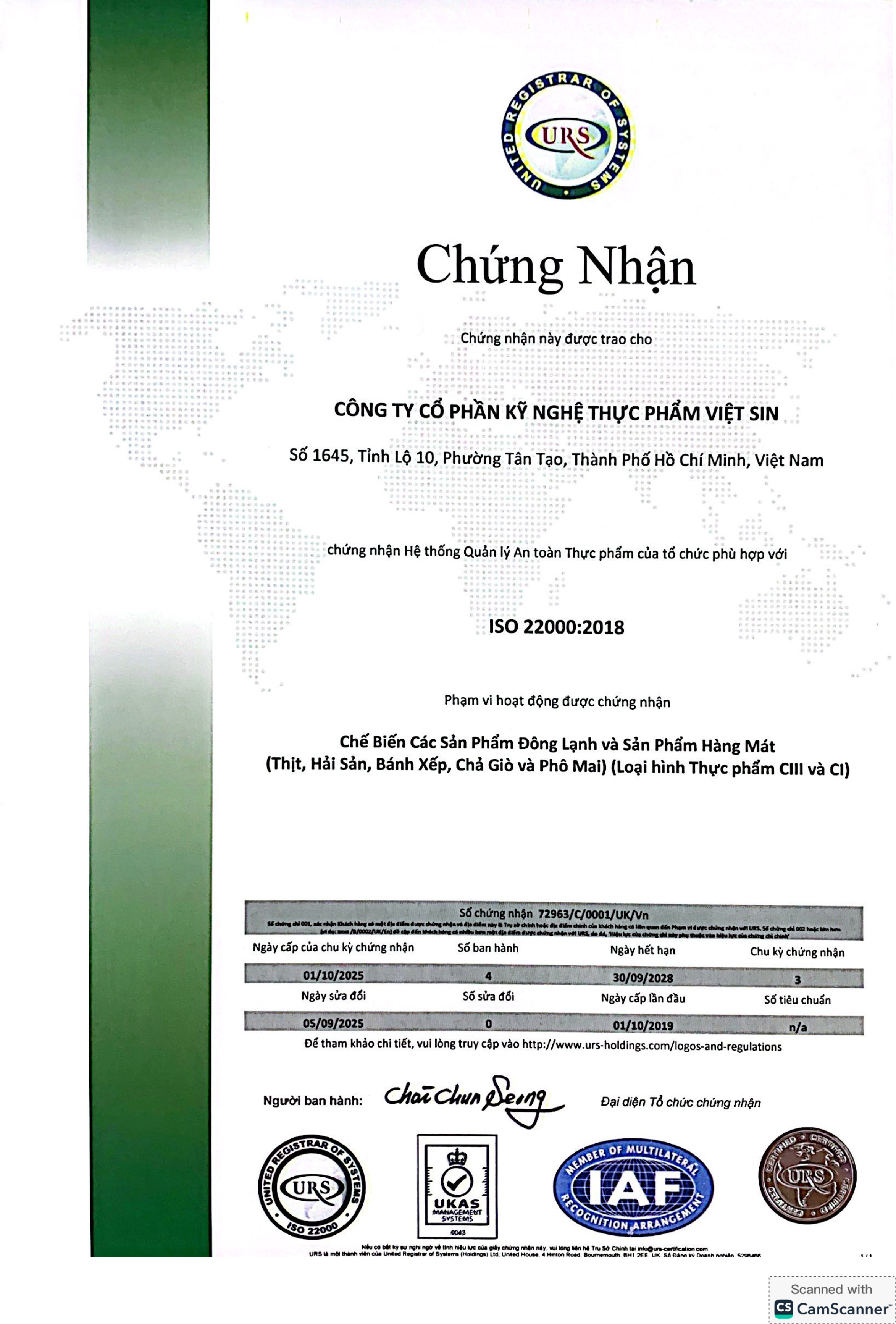 Chứng nhận ISO 22000:2018