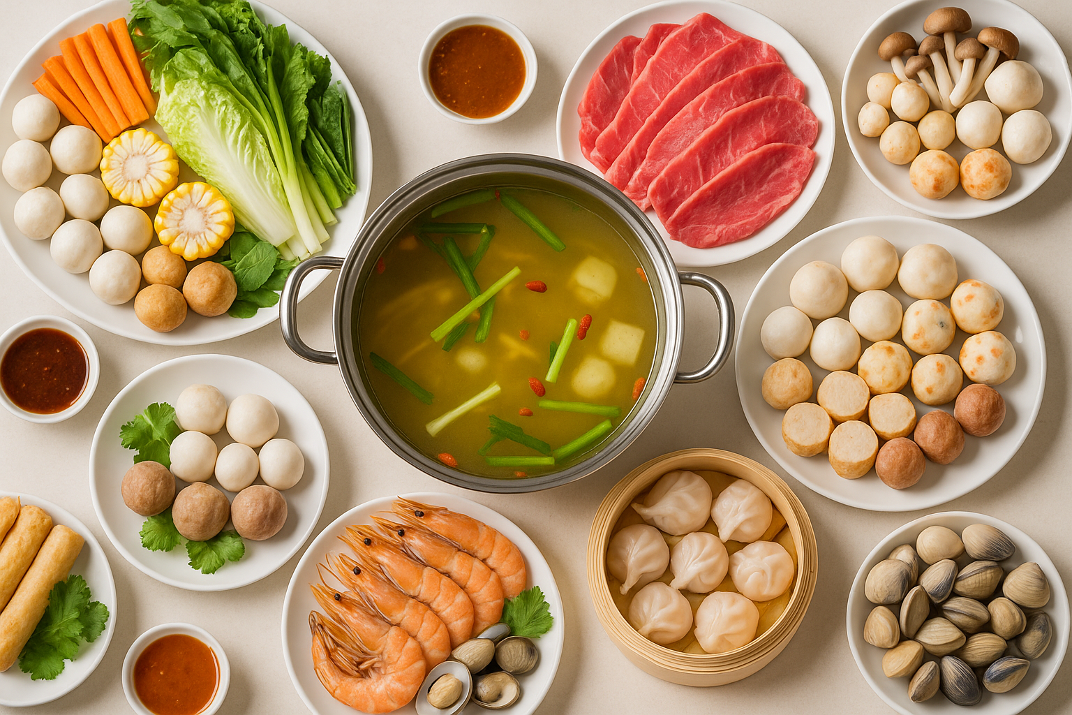 Mâm lẩu tại nhà với nhiều đồ nhúng