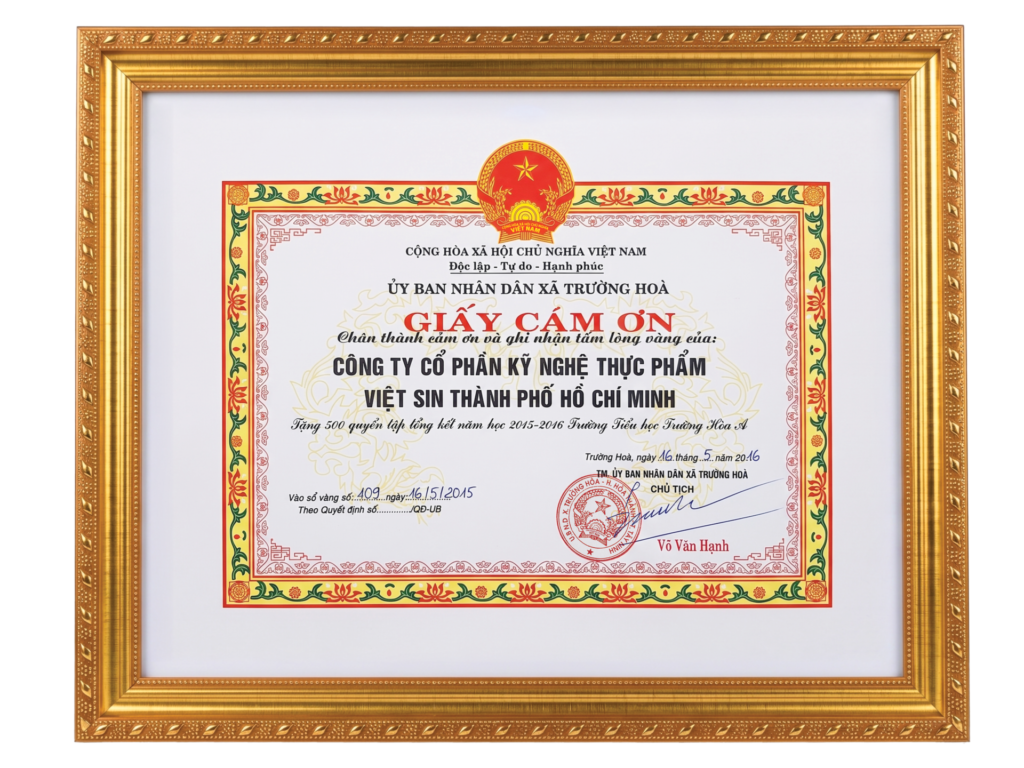 giấy cảm ơn UBND Trường Hòa 2016